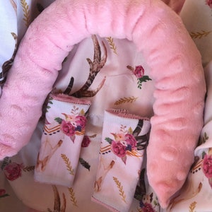 Boho Floral Antlers Baby Car seat Cover Bundle Set, Infant Car Seat Cushions, Infant Head Rest Pillow Support, Infant Toddler Strap Covers