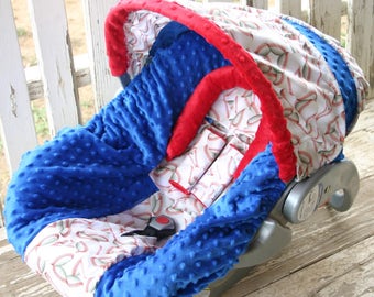 baby car seat cover and hood cover baseballs with blue and red minky head pillow headrest strap covers handle cushion