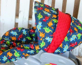 baby car seat cover and hood cover Bright dinosaurs and red minky head pillow headrest strap covers handle cushion