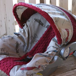 Airplanes and Helicopters with maroon minky infanat car seat cover and hood cover w/optional headrest and strap covers
