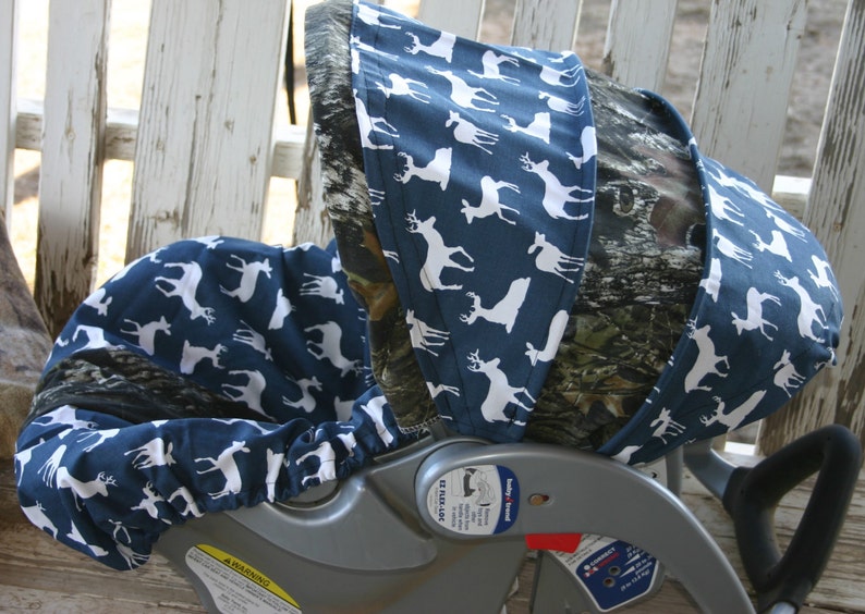Navy Blue With White Deeres Mossy Oak Camo Infant Car Seat Cover And Hood
