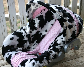 baby car seat cover and hoo cover black and white cow print with baby pink minky head pillow headrest strap covers handle cushion