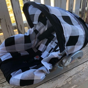 Baby car seat cover and hood cover in black,white and gray large buffalo plaid black Minky head pillow headrest strap covers handle cushion