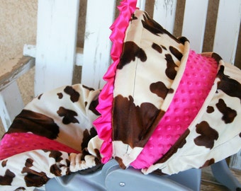 baby Car seat cover and hood cover Brown and tan cow print with pink minky