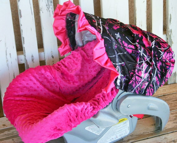 infant car seat cover and mossy oak and pink minky pink satin bow baby girl