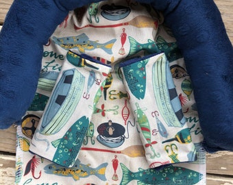 Infant/Toddler Gone Fishing with Navy Blue Minky Car Seat Headrest and/or Strap Covers