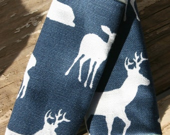 Infant/Toddler Navy Blue and White Deer with Aqua Minky Car Seat Strap Covers and/or Headrest