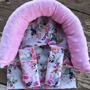 Bouquet Floral Pink Baby Car seat Cover Bundle Set, Infant Car Seat Cushions, Infant Head Rest Pillow Support, Infant Toddler Strap Covers