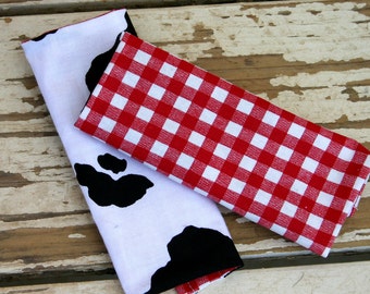 Infant/Toddler Black and White Cow Print with Red Gingham Car Seat Strap Covers