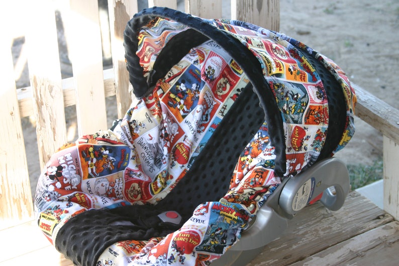 Mickey Mouse Newspapers With Black Minky Infant Car Seat Cover And Hood Optional Headsupport Strap Covers