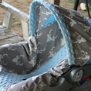 gray with white buck marks and baby blue minky infant car seat cover and hood cover head headrest strap covers handle cushion