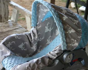 gray with white buck marks and baby blue minky infant car seat cover and hood cover head pillow headrest strap covers handle cushion