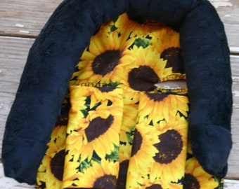 Sunflowers with black minky infant strap covers and/or handle cushion Head rest