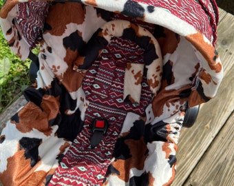 baby car seat cover and hood cover aztec and brown and black cow with head pillow headrest strap covers handle cushion