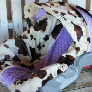 baby Car seat cover and hood cover Brown and tan cow print with light purple minky head headrest strap covers handle cushion