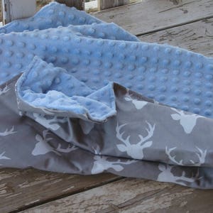gray with white bucks w/baby blue minky infant car seat cover and hood cover w/optional matching strap covers,blanket