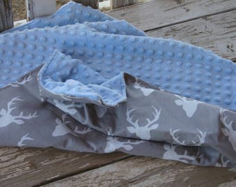 gray with white bucks w/baby blue minky infant car seat cover and hood cover w/optional matching strap covers,blanket