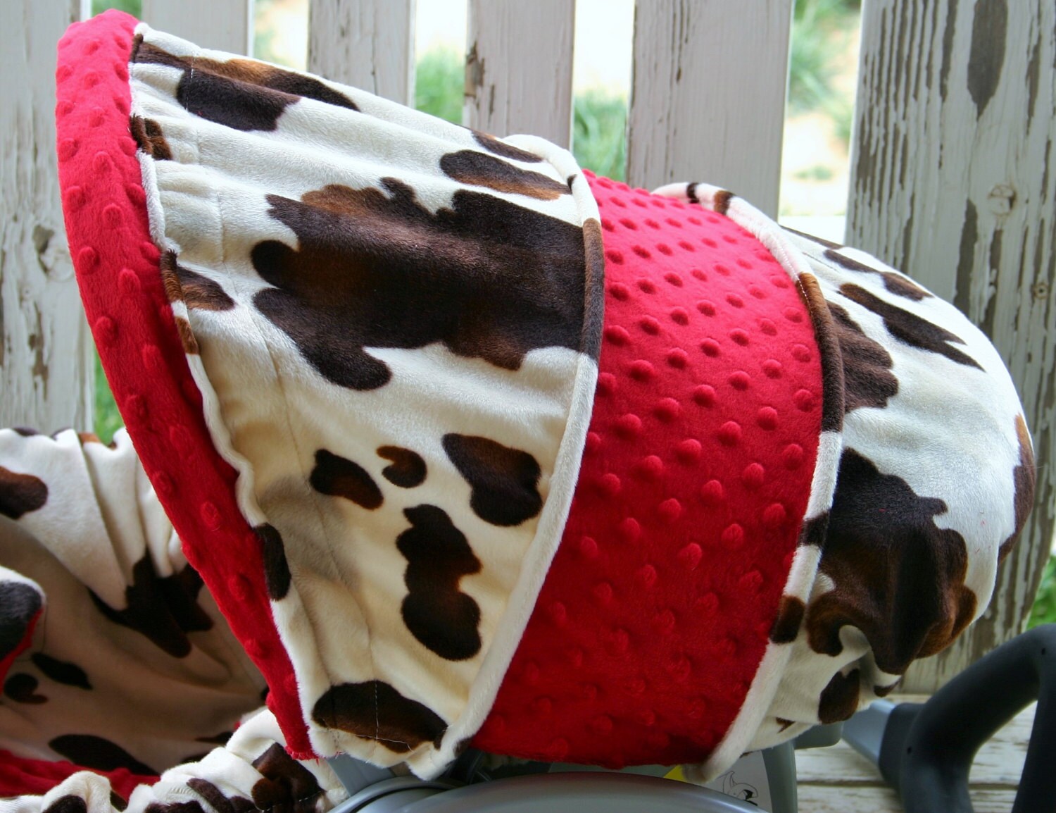 Baby car seat cover and hood cover in Brown cow print with red Etsy