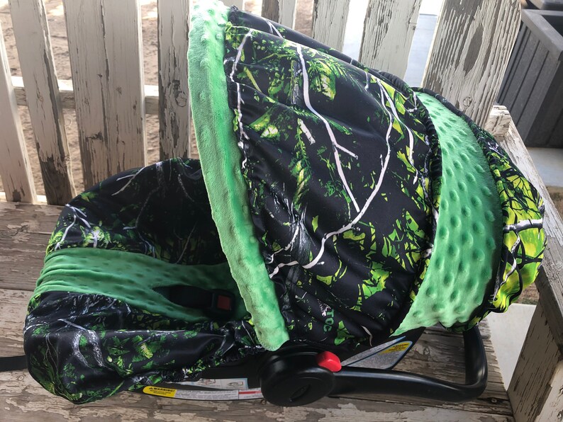 Lime Green And Black Toxic Muddy Girl Camo With Minky Infant Car Seat Cover Hood Headsupport Strap Covers