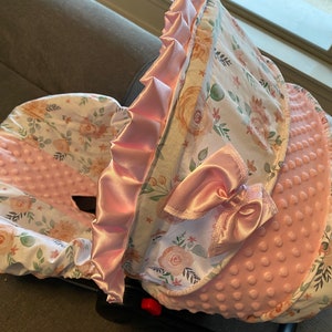 Baby infant car seat cover hood cover pink roses baby pink minky boho country girl floral head headrest strap covers handle cushion