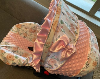 Baby infant car seat cover hood cover pink roses baby pink minky boho country girl floral head pillow headrest strap covers handle cushion