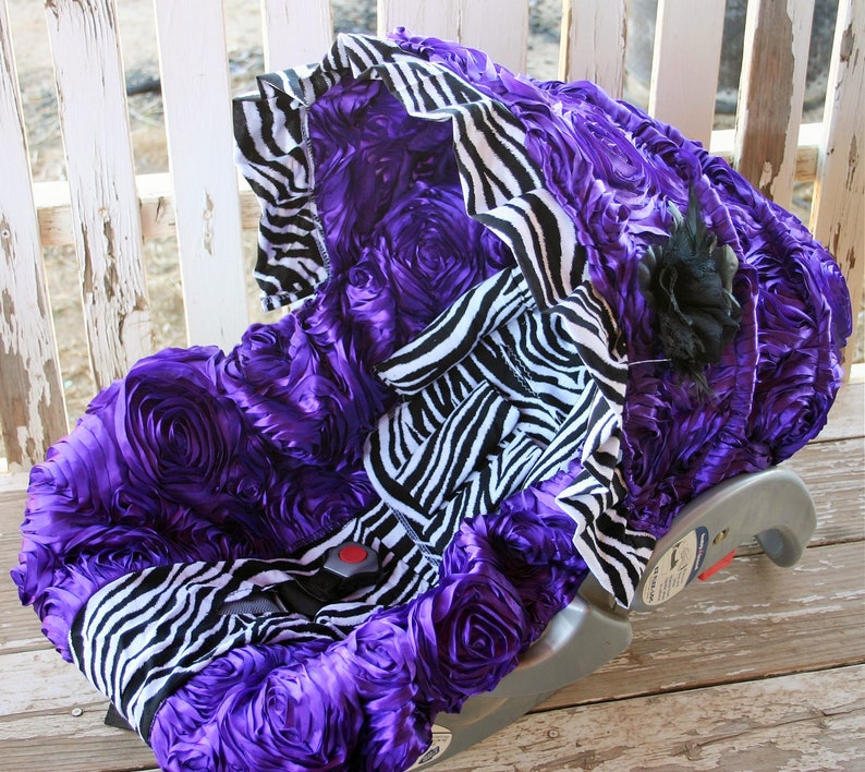 Dark Purple 3d Roses With Zebra Cotton Infant Car Seat Cover And Hood Optional Headsupport Strap Covers