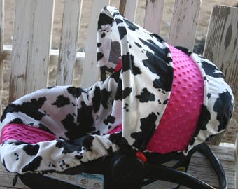 baby car seat cover and hood cover black and white cow with pink minky head pillow headrest strap covers handle cushion