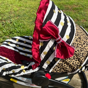 READY TO SHIP black white stripe gold polka dots leopard cheetah maroon ruffle bow infant car seat cover and hood cover
