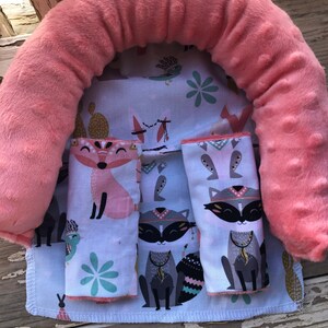 Infant/Toddler Raccoons, Foxes, and Cactus with Coral Minky Car Seat Headrest and/or Strap Covers