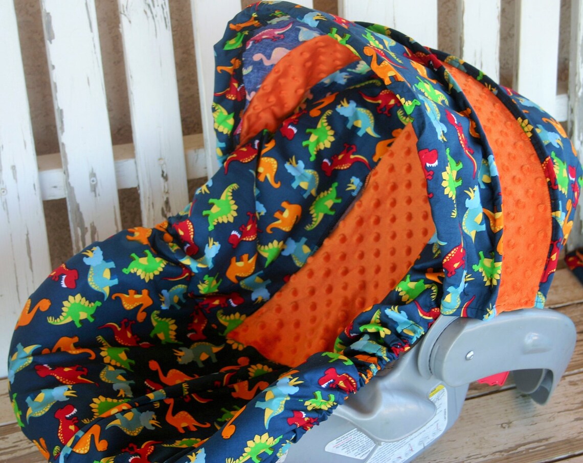 Baby car seat cover and hood cover Bright dinosaurs and orange Etsy