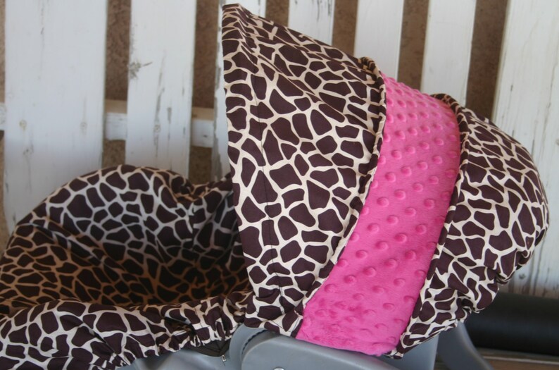 Tan And Brown Giraffe Print Pink Minky Car Seat Cover Hood Canopy