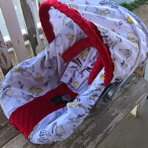Bear, pig, tiger with red minky car seat cover head headrest strap covers handle cushion