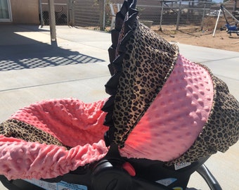 leopard/cheetah and coral minky car seat cover and hood cover with ruffle head pillow headrest strap covers handle cushion