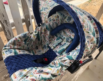 Gone fishing with navy blue minky infant car seat cover and hood coverhead pillow headrest strap covers handle cushion