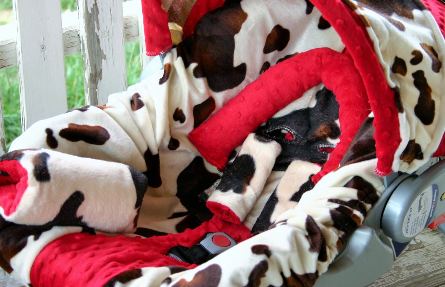 Baby car seat cover and hood cover in Brown cow print with red Etsy