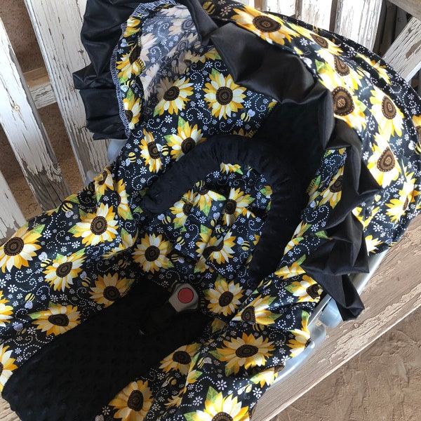 baby car seat cover and hood cover sunflowers bees and black Minky with black satin ruffle head pillow headrest strap covers handle cushion