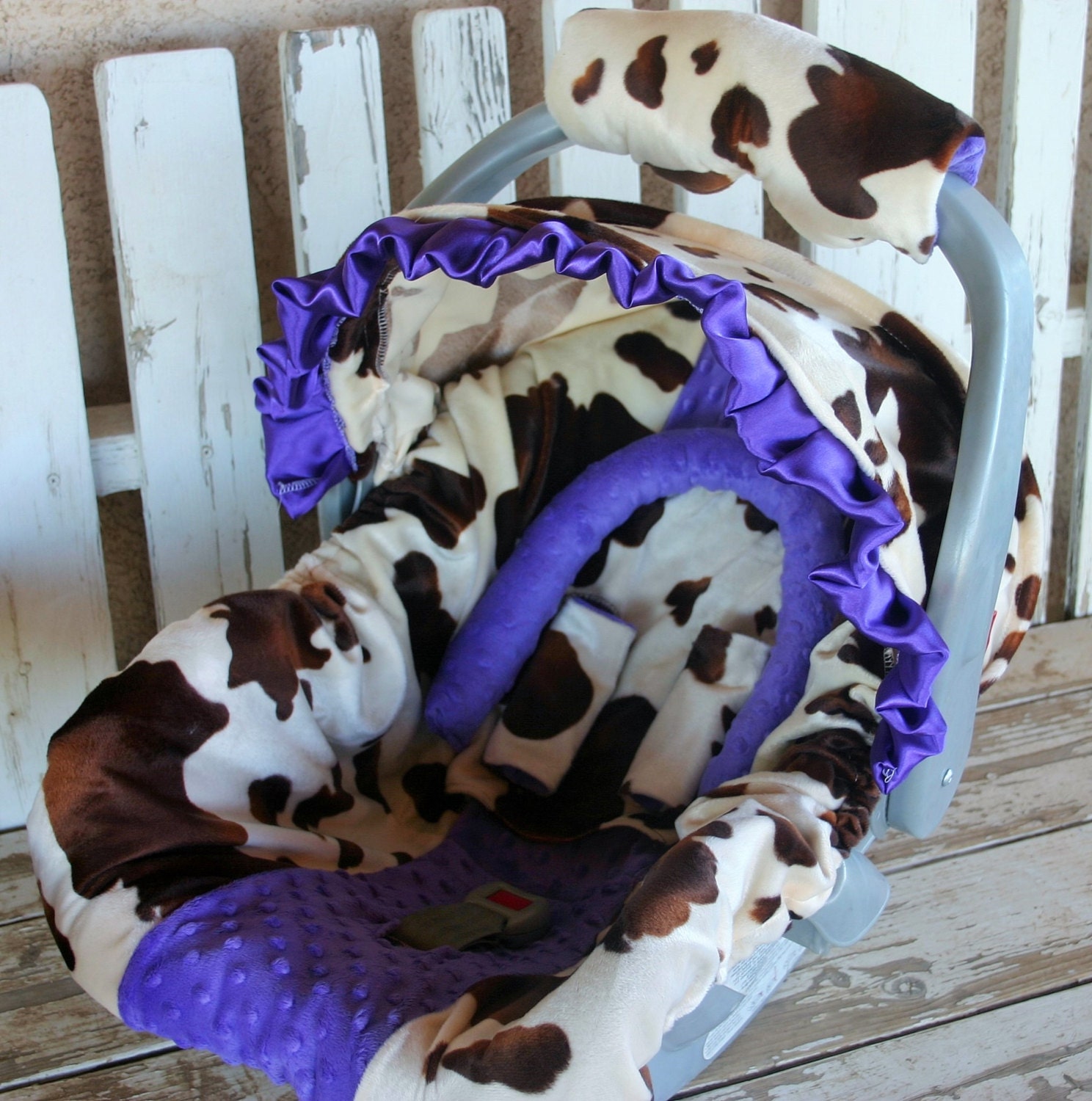 Car seat hood cover cow and purple minky and purple satin ruffle base cover Car seat hood cover cow and purple minky and purple satin ruffle base cover