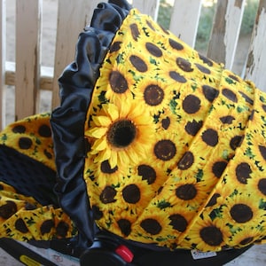 baby car seat cover and hood cover sunflowers and black Minky with black satin ruffle head headrest strap covers handle cushion
