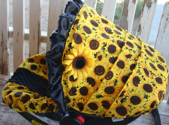 Baby Car Seat Cover and Hood Cover Sunflowers and Black Minky With
