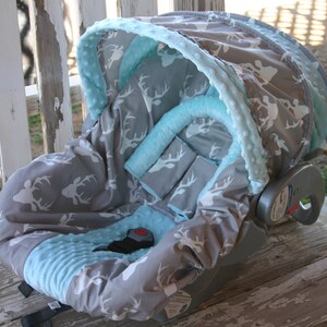 gray with white buck marks and aqua minky infant car seat cover And/or hood cover head pillow headrest strap covers handle cushion