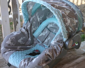 gray with white buck marks and aqua minky infant car seat cover And/or hood cover head pillow headrest strap covers handle cushion