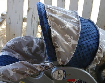 gray with white buck marks and navy blue minky infant car seat cover and hood cover head pillow headrest strap covers handle cushion