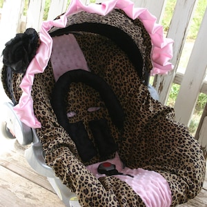 leopard black minky hood baby pink ruffle flower leopard baby pink car seat cover head pillow headrest strap covers handle cushion