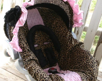 leopard black minky hood baby pink ruffle flower leopard baby pink car seat cover head pillow headrest strap covers handle cushion