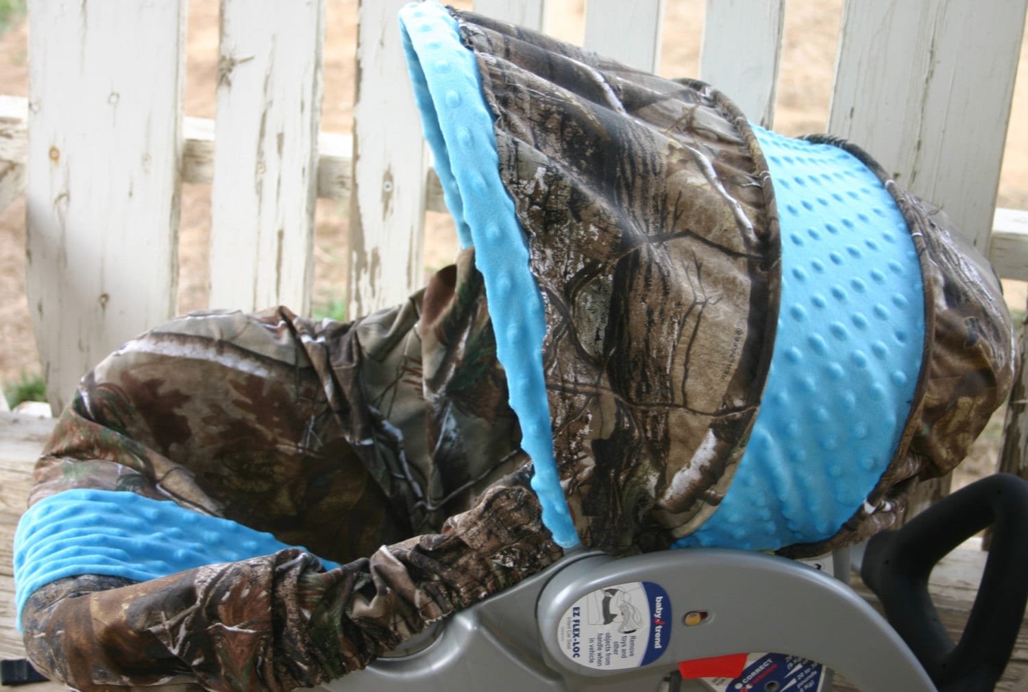 infant car seat cover and hood cover Mossy oak camo and teal//turquoise minky