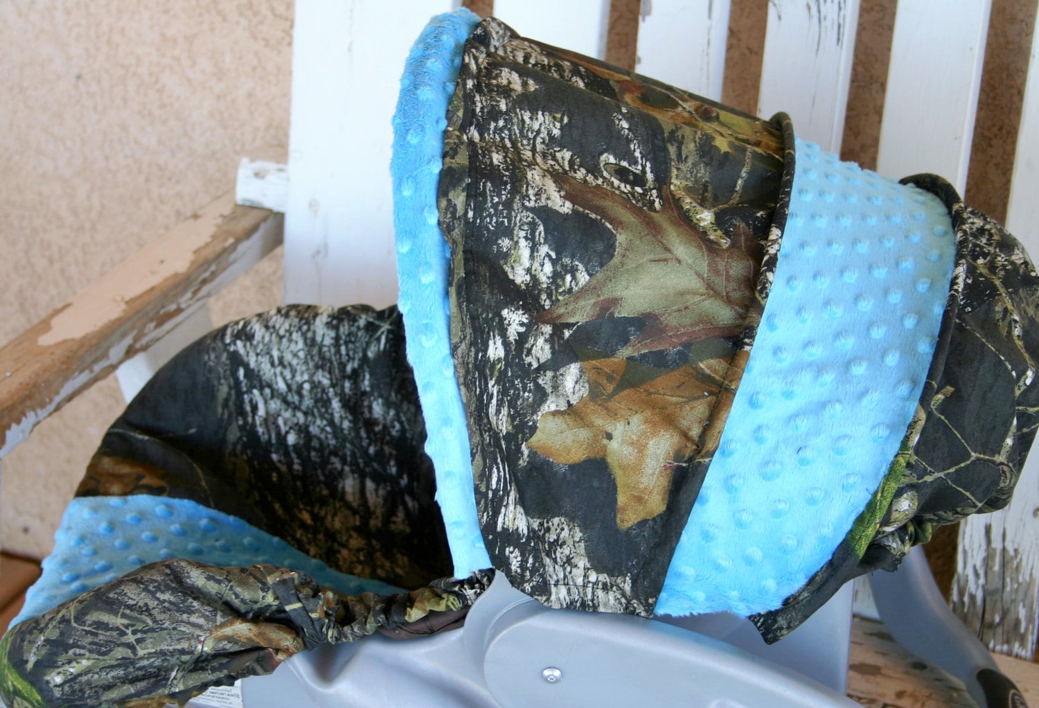 infant car seat cover and hood cover Mossy oak camo and purple minky