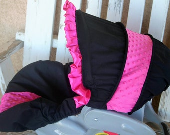 baby car seat cover and hood cover black cotton with pink minky head pillow headrest strap covers handle cushion