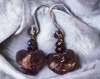 Lampwork Glass Heart Earrings, Sterling Silver,  Purple Heart Earrings, Artisan Glass Earrings