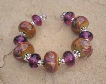 Earthy Organic Neutral Raku Frit and Purple Handmade Lampwork Glass Bead Set