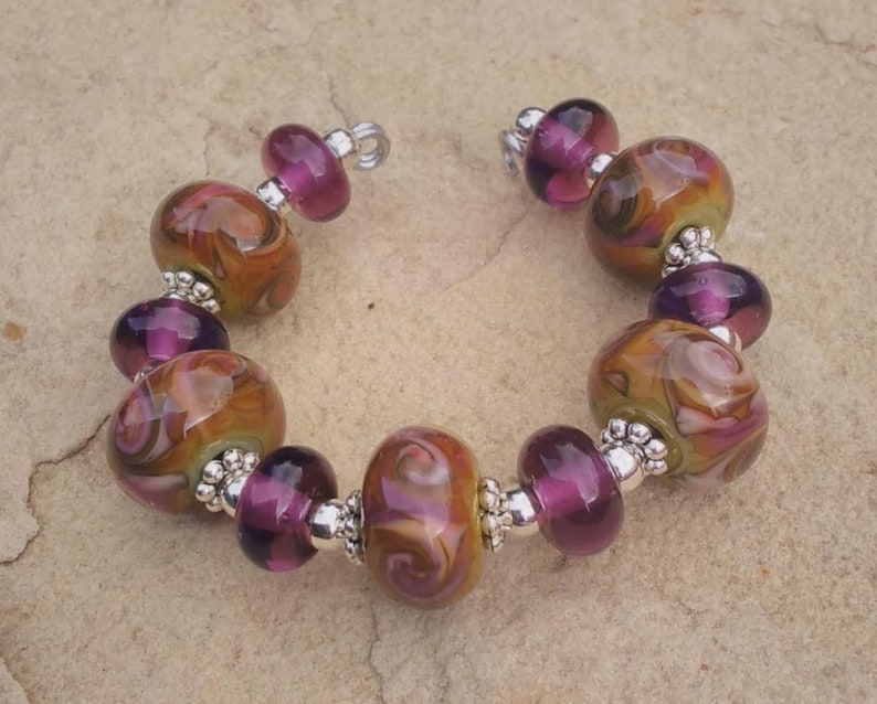 Earthy Organic Neutral Raku Frit and Purple Handmade Lampwork Glass Bead Set image 1